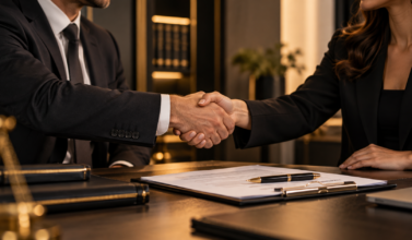 Profissionais formalizando um acordo comercial com aperto de mãos sobre um contrato