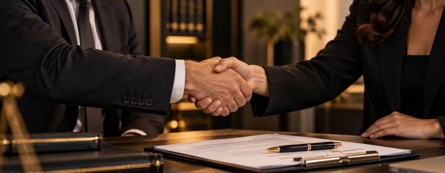 Profissionais formalizando um acordo comercial com aperto de mãos sobre um contrato